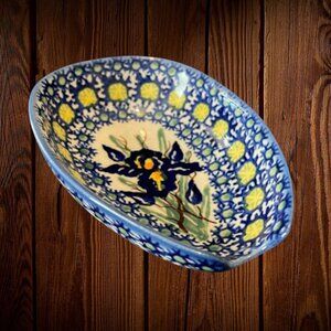 Vintage Polish Pottery Kitchen Spoon Rest UNIKAT Signature Blue Iris Hand Made